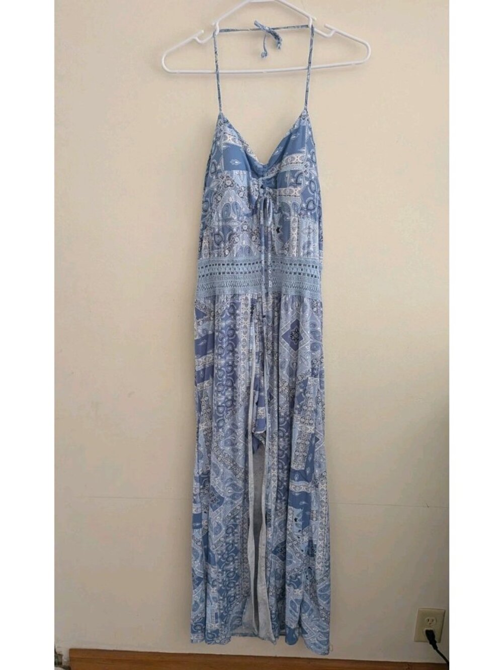 No Boundaries Womens XL Blue Paisley Halter Walk Through Maxi Dress Romper Open